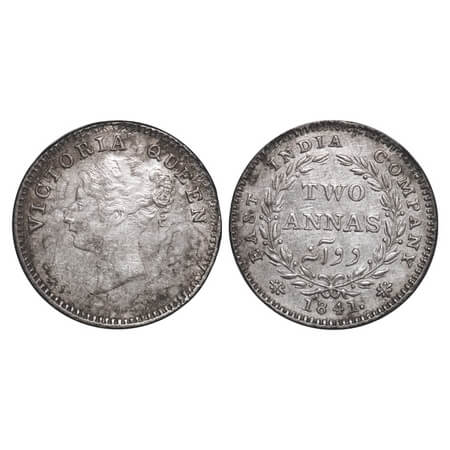 Victoria Queen, Silver, 2 Annas, 1841, CL, Madras Mint, A(a)/I, 'S' incused, Plain edge. F