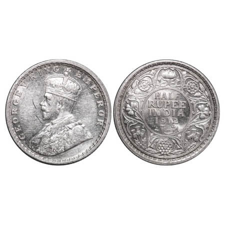 George V, Silver, Half Rupee, 1912, Bombay Mint, Dot, Re-Drawn Elephant. F. Prid 336. GK 1