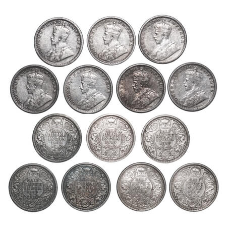 George V, Silver, Half Rupee, (7 coins), 1) 1912, Bombay Mint, Dot, 2 & 3) 1918, Bombay Mi