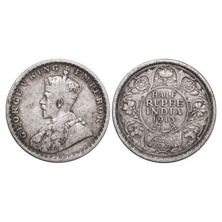 George V, Silver, Half Rupee, 1913, Calcutta Mint, No dot. F. Prid 320. GK 1048. Very Fine
