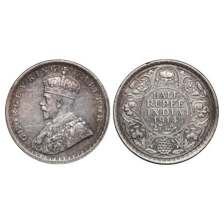 George V, Silver, Half Rupee, 1914, Bombay Mint, Dot. F. Prid 338. GK 1051. About Uncircul