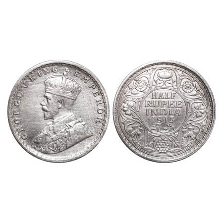 George V, Silver, Half Rupee, 1915, Calcutta Mint, No dot. F. Prid 322. GK 1052. Extremely