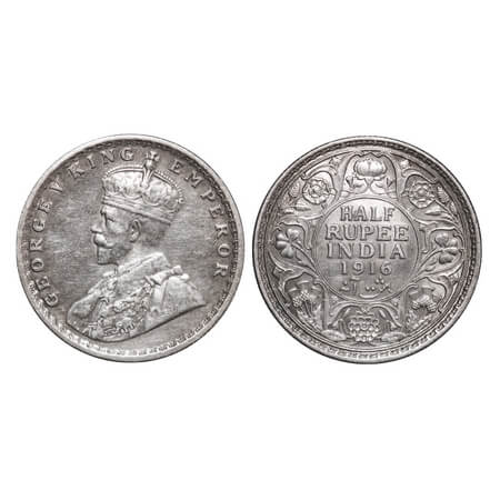 George V, Silver, Half Rupee, 1916, Calcutta Mint, No dot. F. Prid 323. GK 1053. Extremely