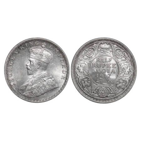 George V, Silver, Half Rupee, 1917, Bombay Mint, Dot. F. Prid 341. GK 1055. Uncirculated. 