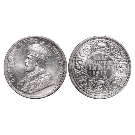 George V, Silver, Half Rupee, 1917, Bombay Mint, Dot. F. Prid 341. GK 1055. Brilliant Unci