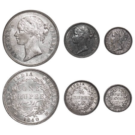 Victoria Queen, Silver, Rupee, 1/4 Rupee, 2 Annas, (3 coins), DL, 1) Rupee, 1840, Calcutta