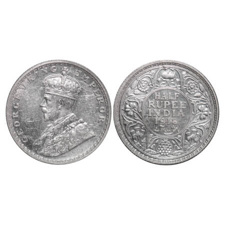 George V, Silver, Half Rupee, 1918, Bombay Mint, Dot. F. Prid 342. GK 1056. Brilliant Unci