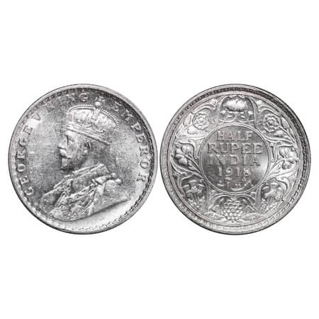 George V, Silver, Half Rupee, 1918, Bombay Mint, Dot. F. Prid 342. GK 1056. Uncirculated. 