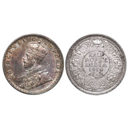 George V, Silver, Half Rupee, 1919, Bombay Mint, Dot. F. Prid 343. GK 1057. Uncirculated, 