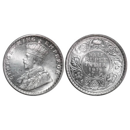 George V, Silver, Half Rupee, 1919, Bombay Mint, Dot. F. Prid 343. GK 1057. Brilliant Unci