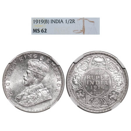 George V, Silver, Half Rupee, 1919, Bombay Mint, Dot. F. Prid 343. GK 1057. NGC Slabbed MS