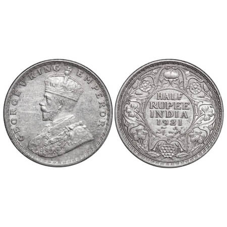 George V, Silver, Half Rupee, 1921, Calcutta Mint, No dot. F. Prid 324. GK 1058. About Unc