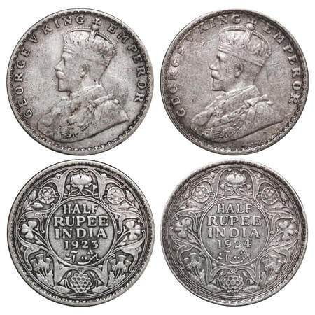 George V, Silver, Half Rupee, (2 coins), 1923, 1924, Bombay Mint, Dot. F. Prid 345. GK 106