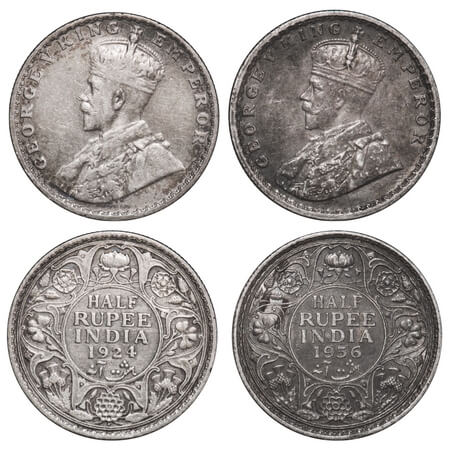 George V, Silver, Half Rupee, (2 coins), 1) 1924, Bombay Mint, Dot, 2) 1936, Calcutta Mint