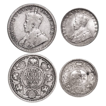 George V, Silver, Half Rupee, 1/4 Rupee, (2 coins), 1925, 1) Half Rupee, Calcutta Mint, no