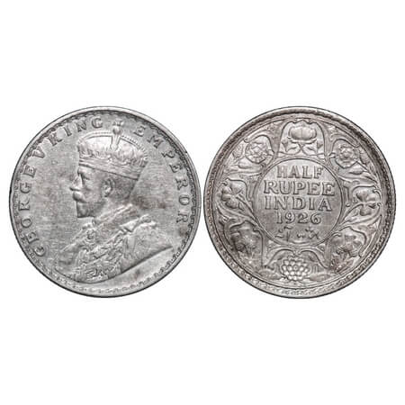 George V, Silver, Half Rupee, 1926, Bombay Mint, Dot. F. Prid 348. GK 1068. About Uncircul