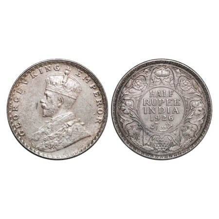 George V, Silver, Half Rupee, 1926, Bombay Mint, Dot. F. Prid 348. GK 1068. About Uncircul