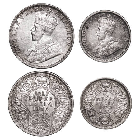 George V, Silver, Half Rupee, 1/4 Rupee, (2 coins), 1926, 1) Half Rupee, Bombay Mint, Dot,