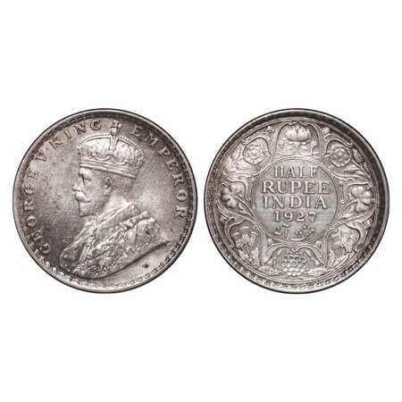 George V, Silver, Half Rupee, 1927, Calcutta Mint, No dot. F. Prid 330. GK 1069. Almost Un