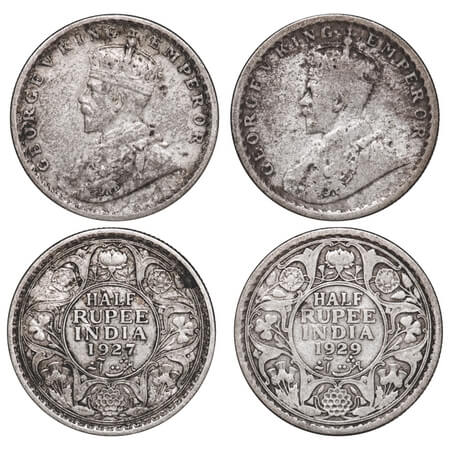 George V, Silver, Half Rupee, (2 coins), 1927, 1929, Calcutta Mint, No dot. F. Prid 330, 3
