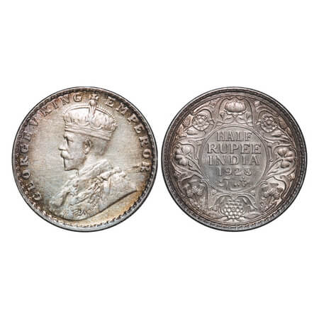 George V, Silver, Half Rupee, 1928, Bombay Mint, Dot, Planchet flaw on Obv. F. Prid 349. G