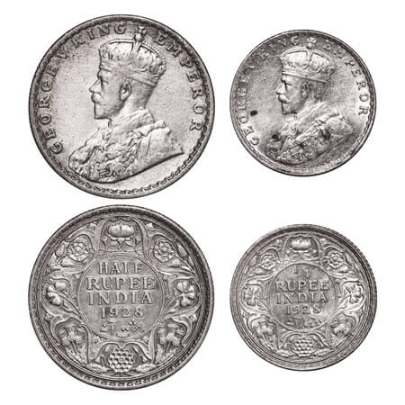 George V, Silver, Half Rupee, 1/4 Rupee, (2 coins), 1928, Bombay Mint, Dot. F. Prid 349, 4