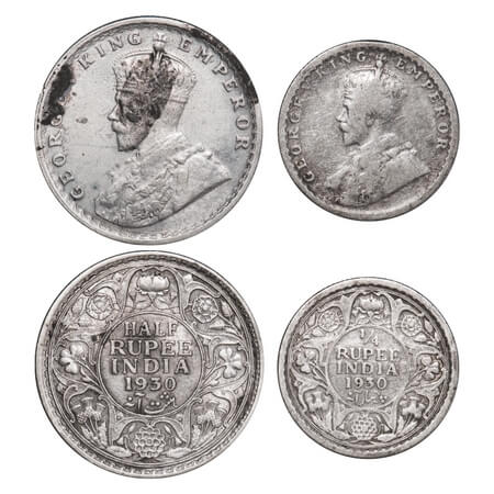 George V, Silver, Half Rupee, 1/4 Rupee, (2 coins), 1930, Calcutta Mint, No dot. F. Prid 3