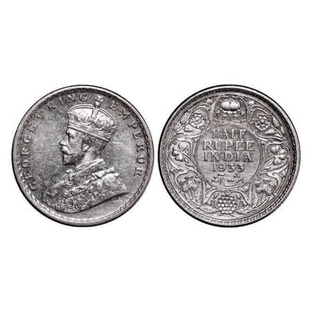George V, Silver, Half Rupee, 1933, Calcutta Mint, No dot. F. Prid 333. GK 1073. Almost Un