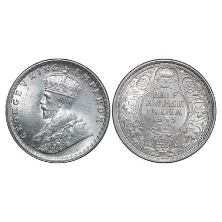 George V, Silver, Half Rupee, 1933, Calcutta Mint, No dot. F. Prid 333. GK 1073. Uncircula