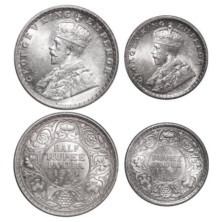 George V, Silver, Half Rupee, 1/4 Rupee, (2 coins), 1934, Calcutta Mint, No dot. F. Prid 3
