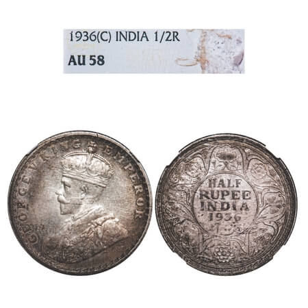 George V, Silver, Half Rupee, 1936, Calcutta Mint, No dot. F. Prid 335. GK 1075. NGC Slabb