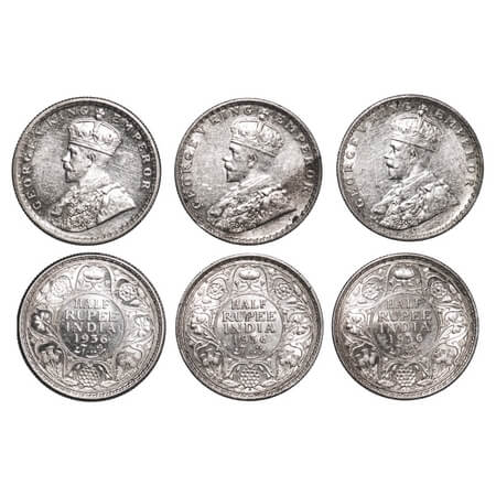 George V, Silver, Half Rupee, (3 coins), 1936, 1) Calcutta Mint, No dot, 2 & 3) Bombay Min