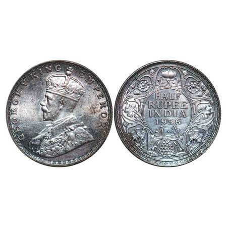George V, Silver, Half Rupee, 1936, Bombay Mint, Dot. F. Prid 350. GK 1076. Uncirculated. 