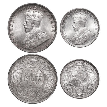 George V, Silver, Half Rupee, 1/4 Rupee, (2 coins), 1936, Bombay Mint, Dot. F. Prid 350, 4