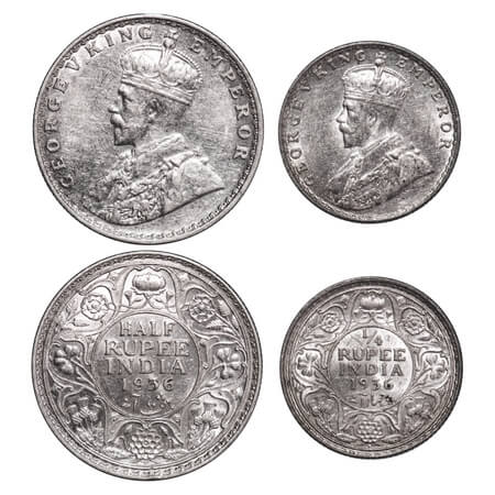 George V, Silver, Half Rupee, 1/4 Rupee, (2 coins), 1936, Bombay Mint, Dot. F. Prid 350, 4