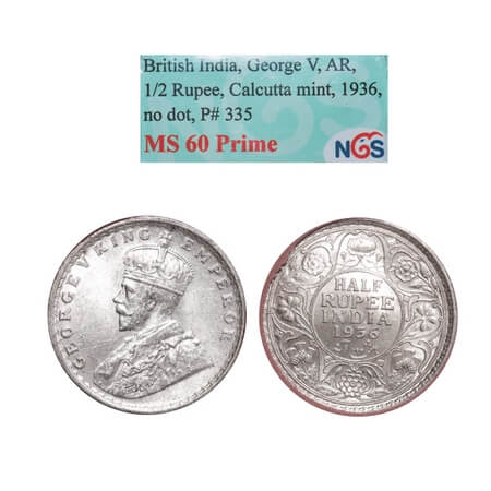 George V, Silver, Half Rupee, 1936, Calcutta Mint, No dot. F. Prid 335. GK 1075. NGS Slabb