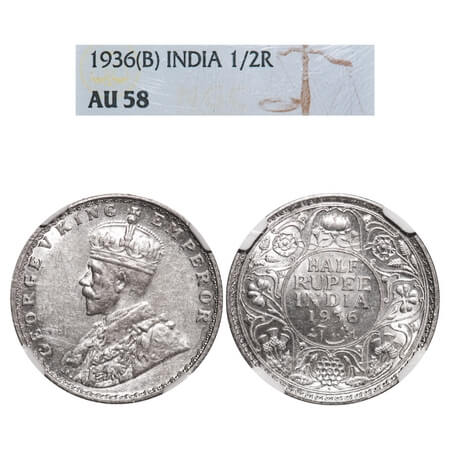 George V, Silver, Half Rupee, 1936, Bombay Mint, Dot. F. Prid 350. GK 1076. NGC Slabbed AU
