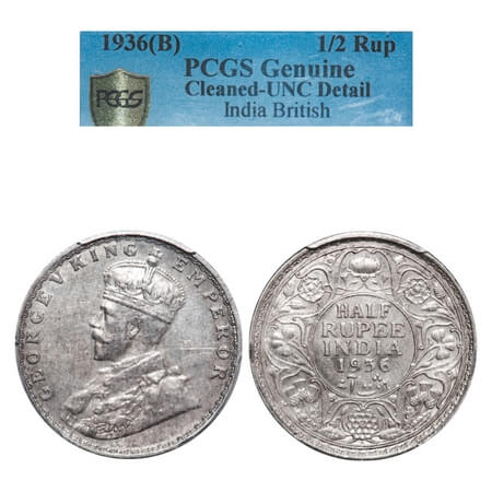George V, Silver, Half Rupee, 1936, Bombay Mint, Dot. F. Prid 350. GK 1076. PCGS Slabbed U