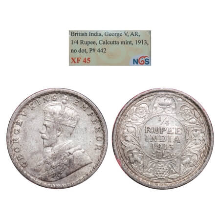 George V, Silver, 1/4 Rupee, 1913, Calcutta Mint, No dot. F. Prid 442. GK 1083. NGS Slabbe