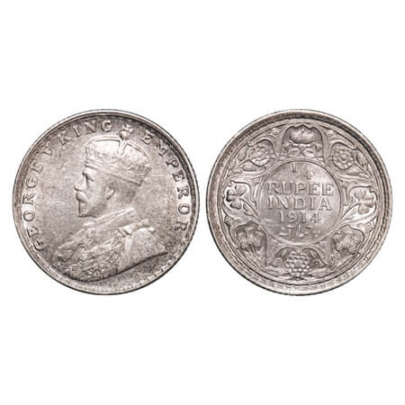 George V, Silver, 1/4 Rupee, 1914, Bombay Mint, Dot. F. Prid 456. GK 1086. About Uncircula