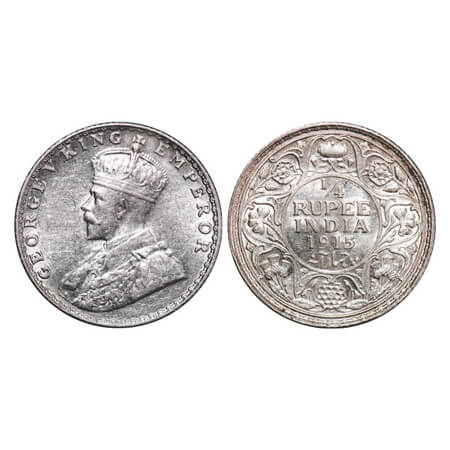 George V, Silver, 1/4 Rupee, 1915, Bombay Mint, Dot. F. Prid 457. GK 1088. Uncirculated. V