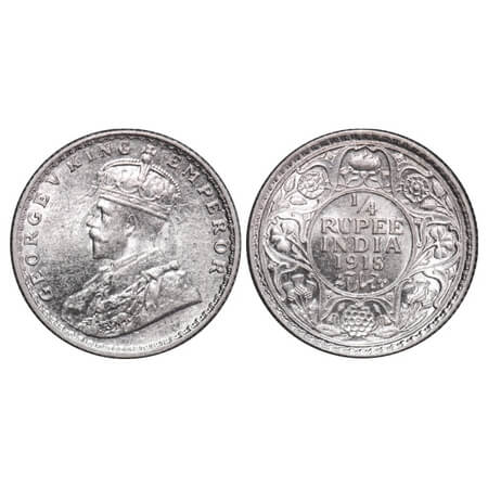 George V, Silver, 1/4 Rupee, 1918, Calcutta Mint, No dot, Ghost on Obv and Rev. F. Prid 44