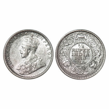 George V, Silver, 1/4 Rupee, 1918, Calcutta Mint, No dot. F. Prid 447. GK 1091. Uncirculat