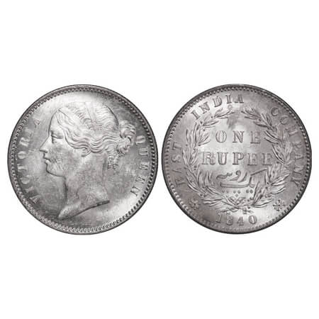 Victoria Queen, Silver, Rupee, 1840, DL, Calcutta Mint, W.W. raised, Wreath with 28 Berrie