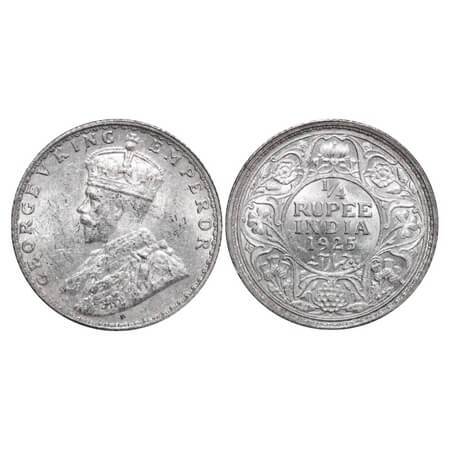 George V, Silver, 1/4 Rupee, 1925, Bombay Mint, Dot. F. Prid 458. GK 1093. Uncirculated. V