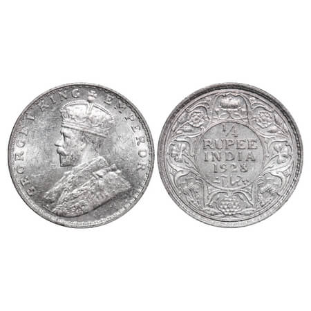 George V, Silver, 1/4 Rupee, 1928, Bombay Mint, Dot. F. Prid 459. GK 1095. Brilliant Uncir