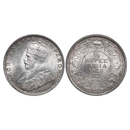 George V, Silver, 1/4 Rupee, 1928, Bombay Mint, Dot. F. Prid 459. GK 1095. Uncirculated. S