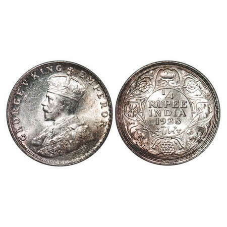 George V, Silver, 1/4 Rupee, 1928, Bombay Mint, Dot. F. Prid 459. GK 1095. Brilliant Uncir