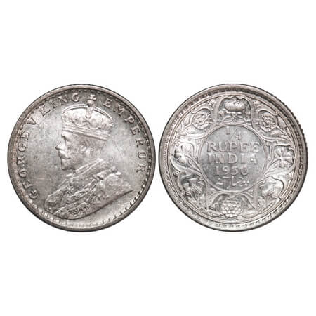 George V, Silver, 1/4 Rupee, 1930, Calcutta Mint, No dot, Ghost on Rev. F. Prid 451. GK 10
