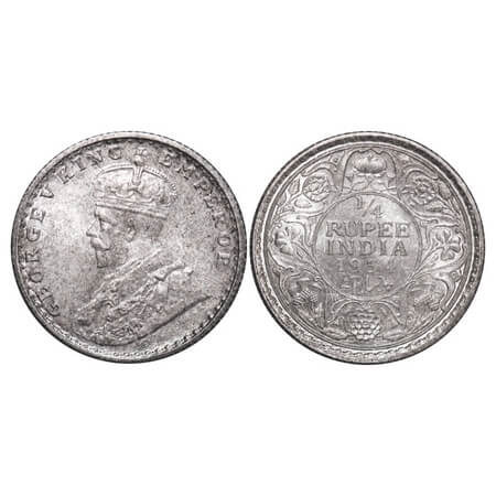 George V, Silver, 1/4 Rupee, 1934, Calcutta Mint, No dot. F. Prid 452. GK 1098. Brilliant 
